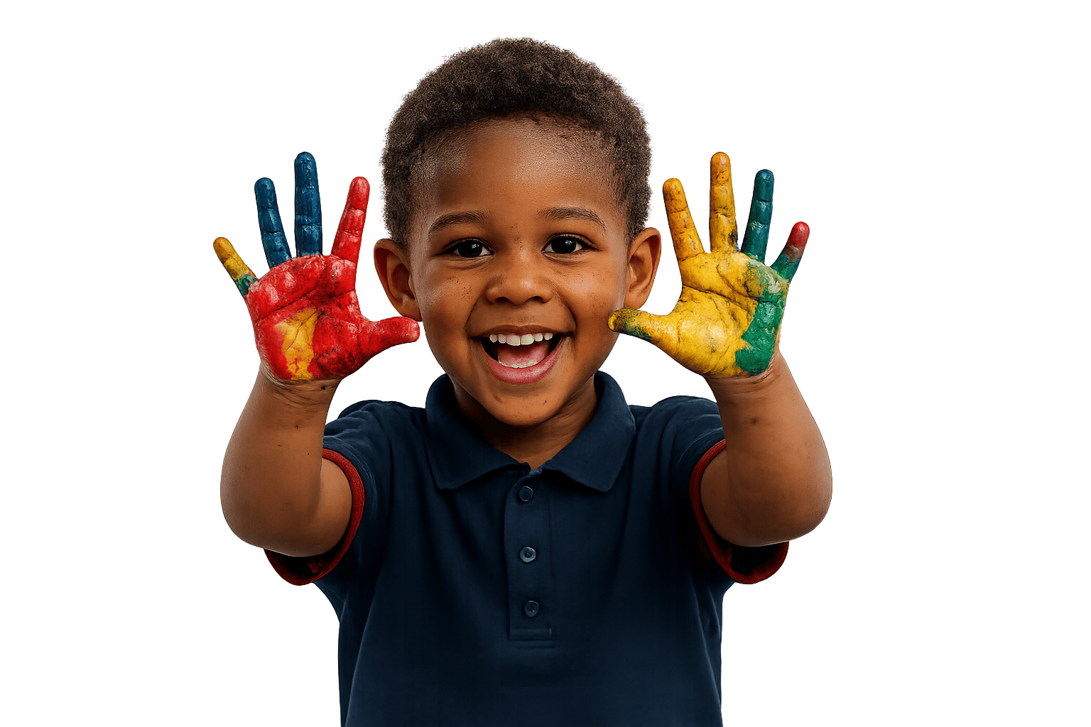A young ECA Pre-School child showing colourful painted hands